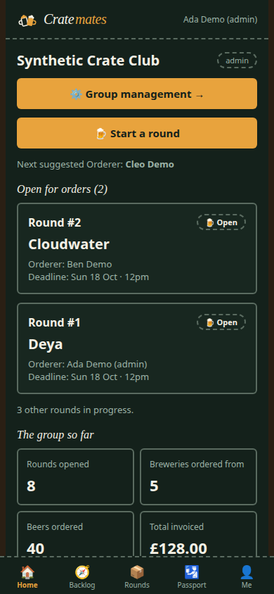 Cratemates home: two open rounds collecting beers, with group totals below